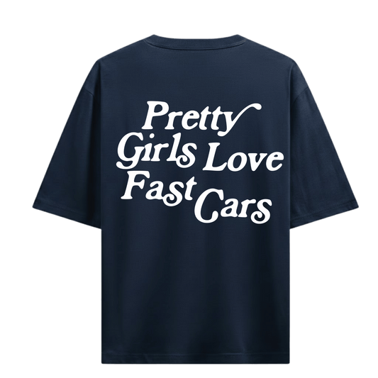 PRETTY GIRLS LOVE FAST CARS NAVY OVERSIZED T-SHIRT