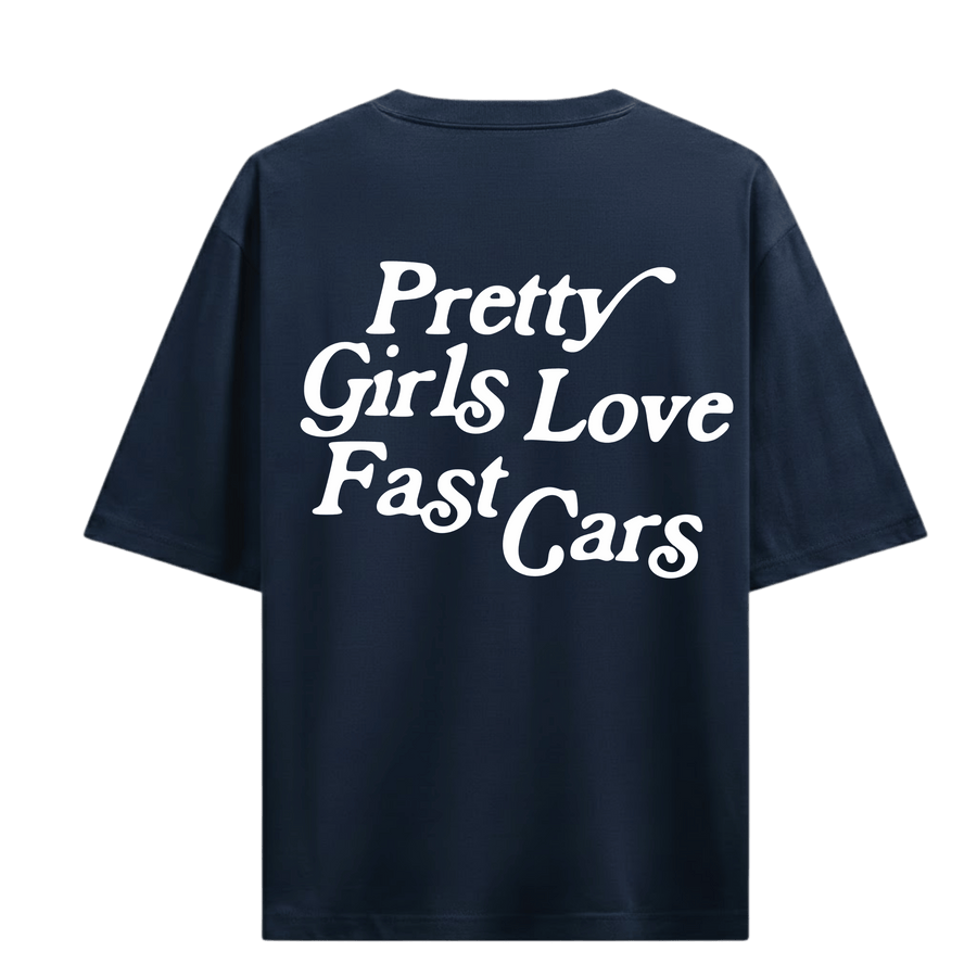 PRETTY GIRLS LOVE FAST CARS NAVY OVERSIZED T-SHIRT