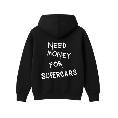NEED MONEY FOR SUPERCARS BLACK OVERSIZED HOODIE
