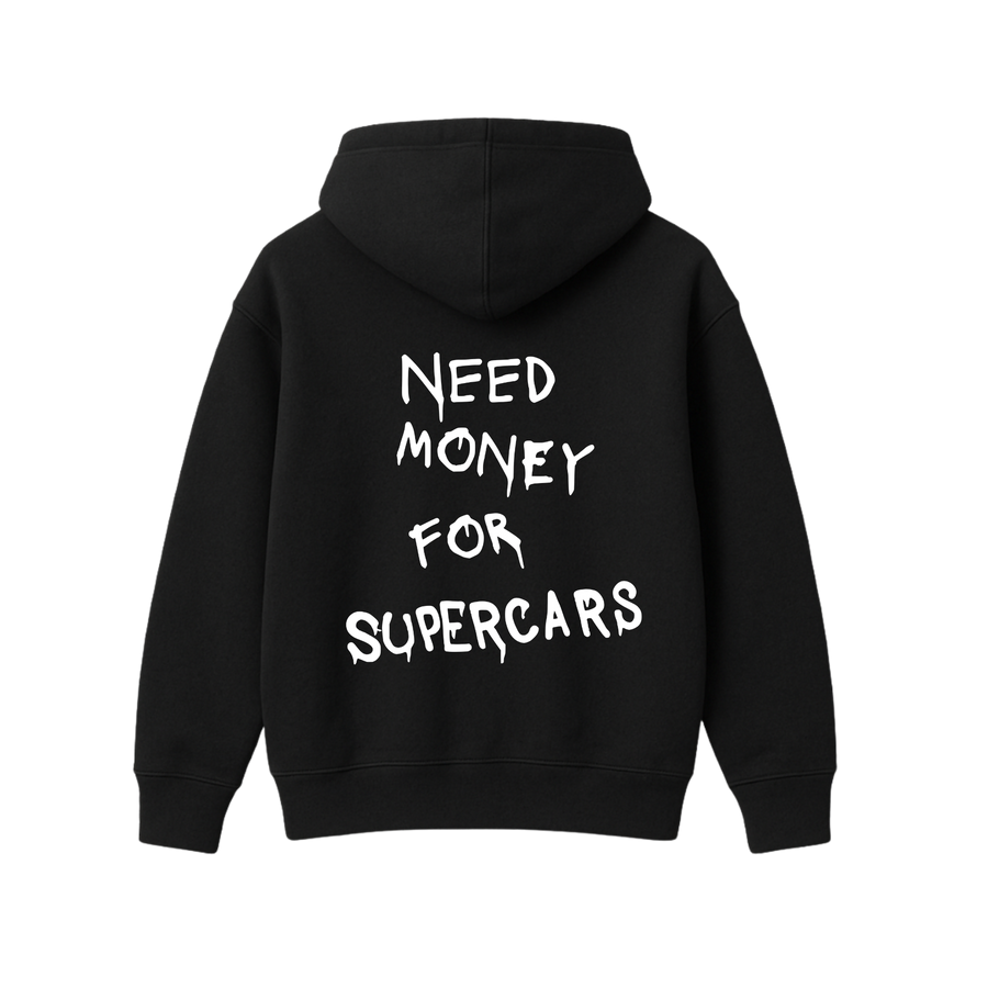 NEED MONEY FOR SUPERCARS BLACK OVERSIZED HOODIE