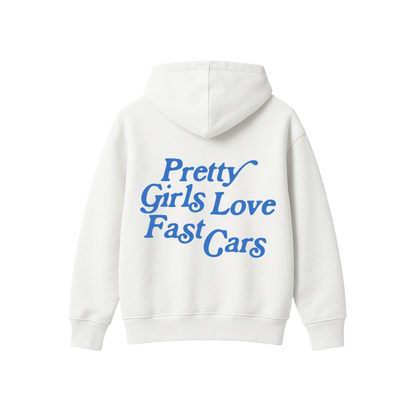 PRETTY GIRLS LOVE FAST CARS WHITE OVERSIZED HOODIE